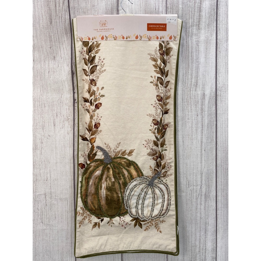 Rachel Ashwell Farmhouse Table Runner 16x72 Cream Beaded Pumpkin Fall Harvest